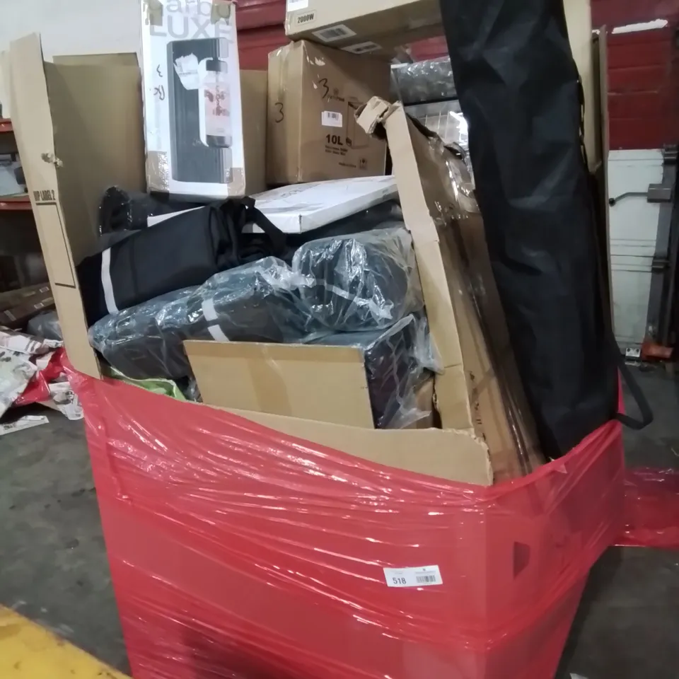 PALLET CONTAINING VARIOUS ASSORTED PRODUCTS INCLUDING:DEAN HEATER, SLIM STEP PEDAL BIN, LARGE QUANTITY OF COOLER BAGS, YOGA MAT, SODA STREAM AND LOTS MORE UNMARKED BOXED ITEMS 