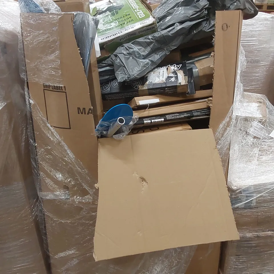 PALLET OF ASSORTED HOUSEHOLD ITEMS AND CONSUMER PRODUCTS TO INCLUDE; BENCH PRESS RESISTANCE BAND, BOW, PADDLE, SPORTING EQUIPMENT, BOXED FURNITURE ETC 