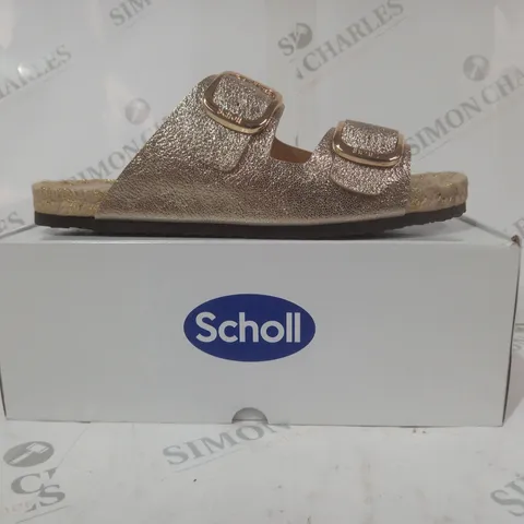 BOXED PAIR OF SCHOLL OPEN TOE SANDALS IN METALLIC GOLD SIZE 7