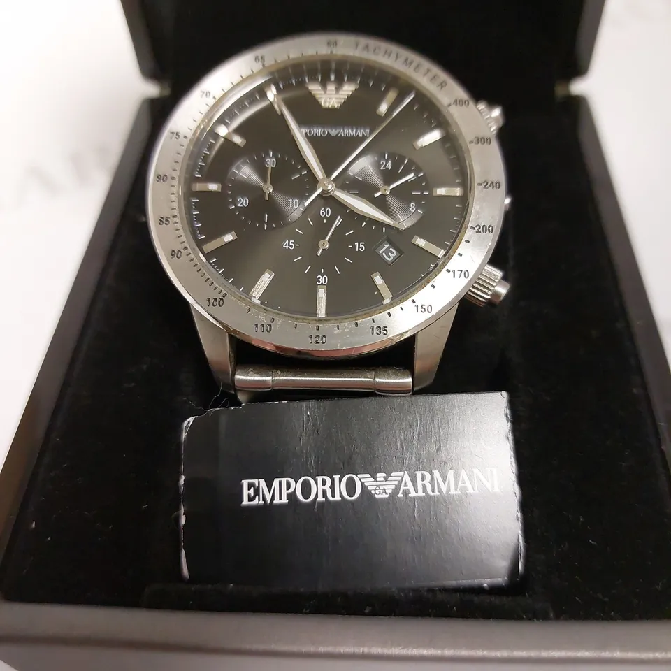 BOXED EMPORIO ARMANI BLACK CHRONOGRAPH WRIST WATCH