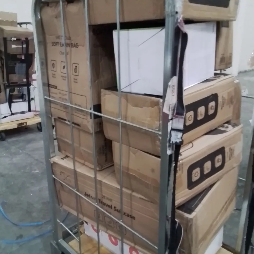 CAGE OF ASSORTED HOUSEHOLD GOODS AND PRODUCTS TO INCLUDE;CHILDREN CAR SEAT,SUITCASES,SOUP MAKER,SLEEPING BAGS,BAMBOO SHOE RACK,18M 4 SOCKETS CABLE REEL