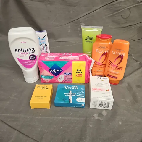 APPROXIMATEY 20 HEALTH AND BEAUTY PRODUCTS TO INCLUDE - L'OREAL ELVIVE SHAMPOO & CONDITIONER - BODYFORM SANITARY PADS - EARTHLY DERM TUMERIC GLOW SOAP - ETC