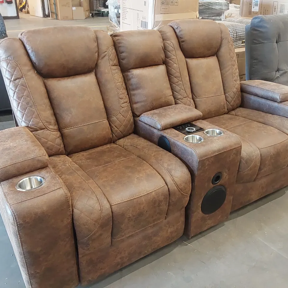 DESIGNER 2 SEATER BROWN LEATHER-LOOK CINEMA STYLE SOFA WITH CENTER CONSOLE