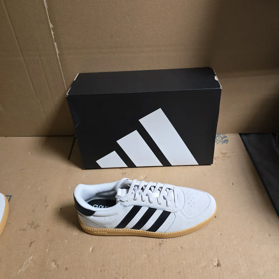 ADIDAS TRAINERS – GREY/WHITE WITH BLACK 3-STRIPE DESIGN - UK SIZE 9