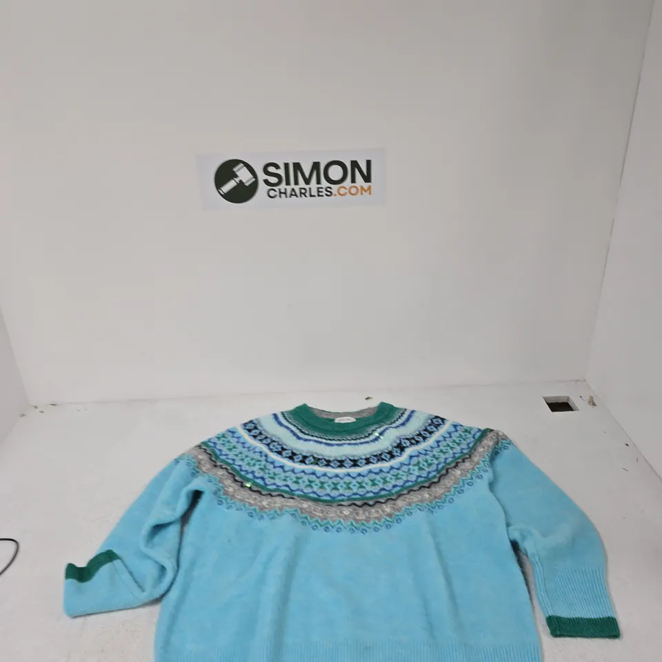 WHITE STUFF WOMEN'S KNIT JUMPER – UK 24 TURQUOISE WITH NORDIC-INSPIRED YOKE PATTERN (EU 52, US 20) MADE IN CHINA