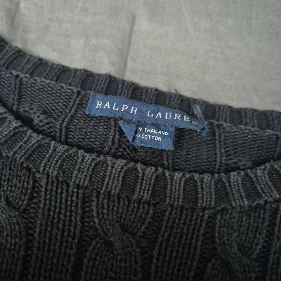 RALPH LAUREN BLACK CABLE-KNIT COTTON SWEATER WITH POLO PONY LOGO SIZE M 