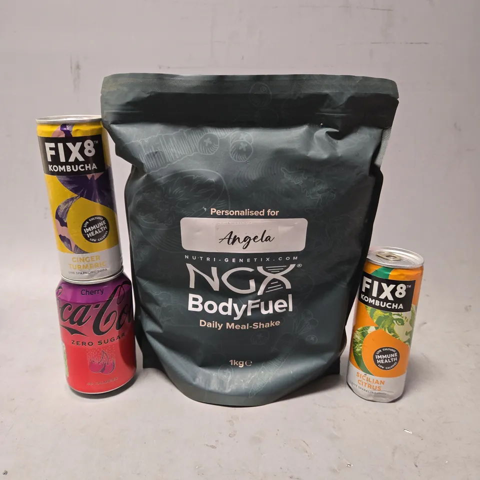 TOTE OF APPROXIMATELY 14 ASSORTED FOOD ITEMS TO INCLUDE - FIX8 KOMBUCHA , COCA COLA CHERRY , BODY FUEL MEAL SHAKE ETC