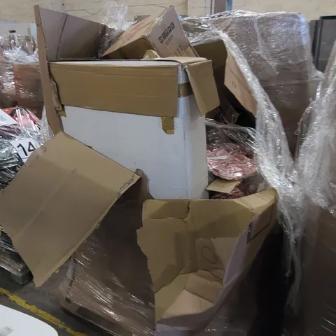PALLET TO CONTAIN ASSORTED ITEMS INCLUDING WHEEL RIM, PACKS OF PINK RIBBONS, GARDEN FURNITURE SET, BOXED FURNITURE ETC