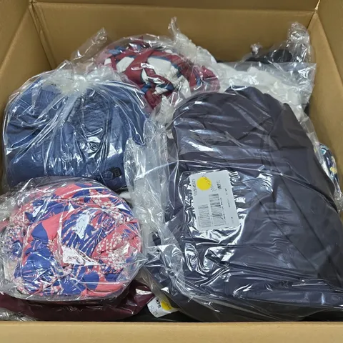 LARGE BOX OF APPROX 15 ASSORTED CLOTHING ITEMS IN VARIOUS COLORS , STYLES AND SIZES