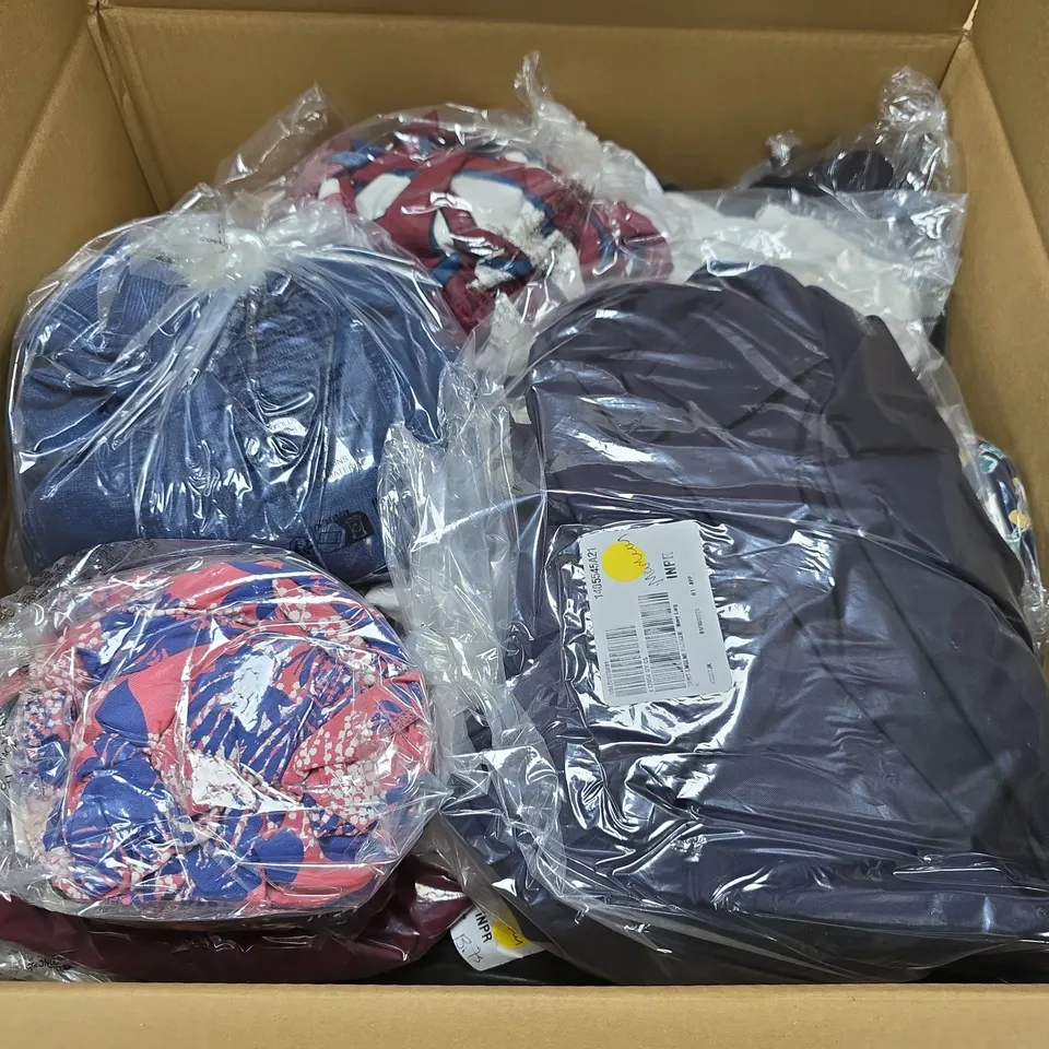 LARGE BOX OF APPROX 15 ASSORTED CLOTHING ITEMS IN VARIOUS COLORS , STYLES AND SIZES
