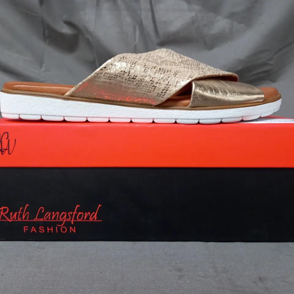 BOXED PAIR OF RUTH LANGSFORD FLAT SANDALS IN METALLIC CHAMPAGNE GOLD SIZE 8