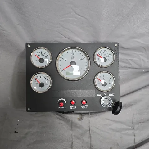 VEHICLE INSTRUMENT PANEL WITH FIVE ROUND GAUGES (TACHOMETER, VOLTMETER, OIL PRESSURE, TEMPERATURE, FUEL) AND WIRING HARNESS