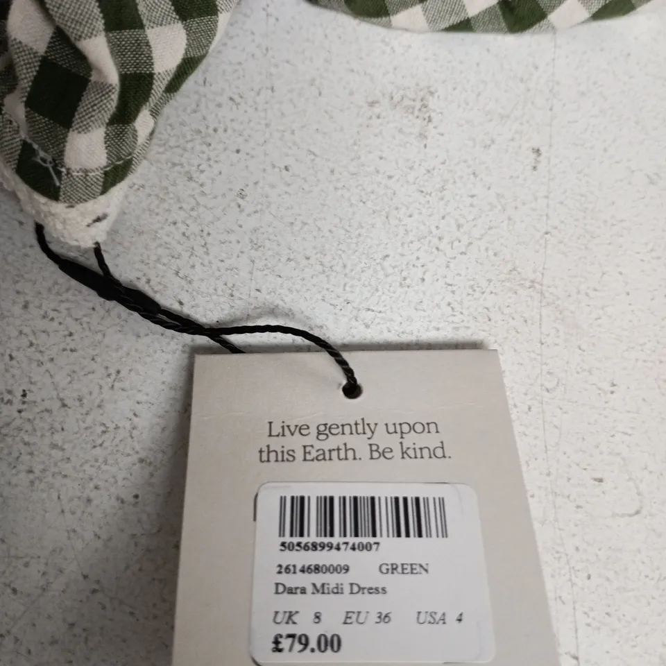 NOBODY'S CHILD DARA MIDI DRESS – GREEN GINGHAM, UK 8 (EU 36, USA 4)