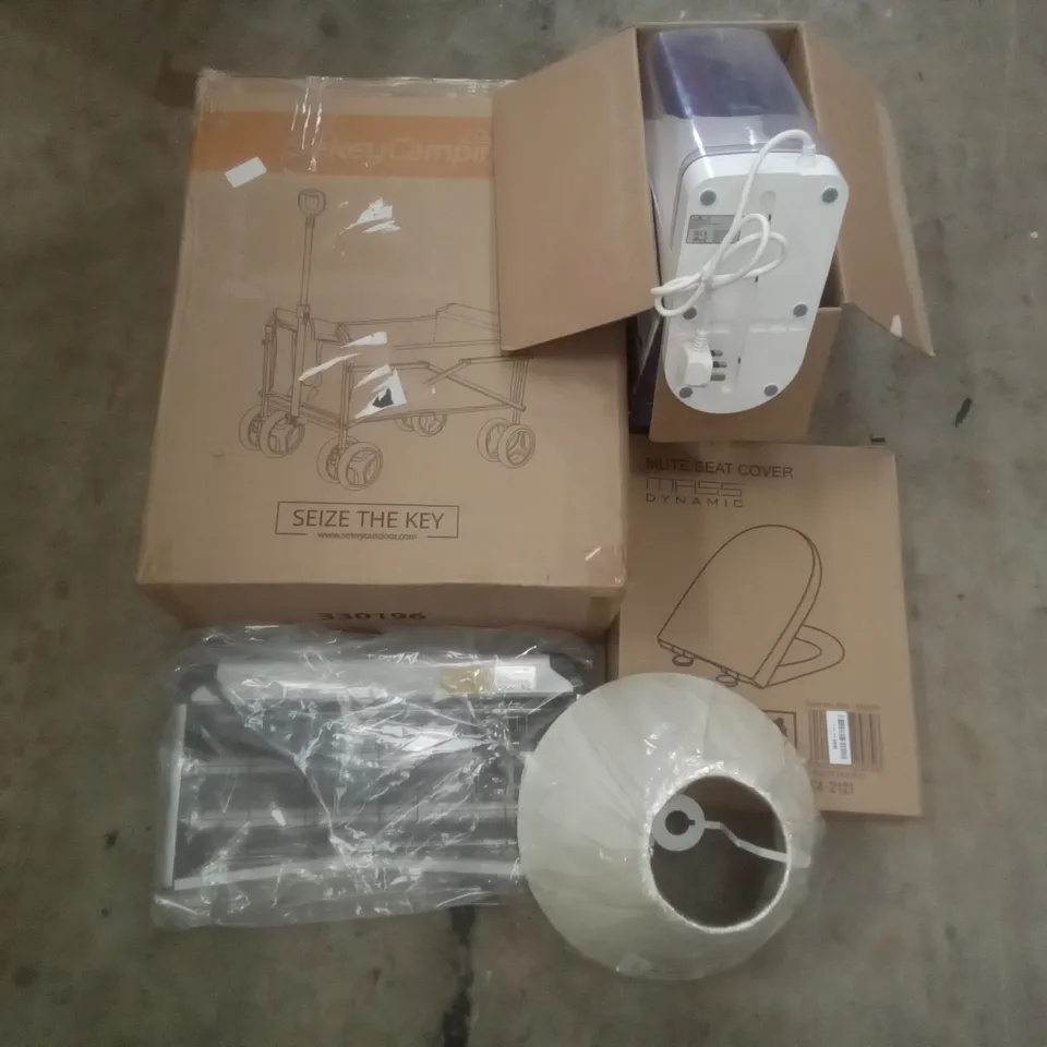 PALLET OF ASSORTED ITEMS INCLUDING MASS DYNAMIC TOILET SEAT, INSECT KILLER, LAMPSHADE, SEKEY CAMPING TROLLEY, OYU INSTANT HOT WATER DISPENSER, JUDGE FAMILY RICE COOKER