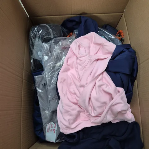 LARGE BOX OF ASSORTED CLOTHING ITEMS IN VARIOUS SIZES, STYLES AND COLOUR 