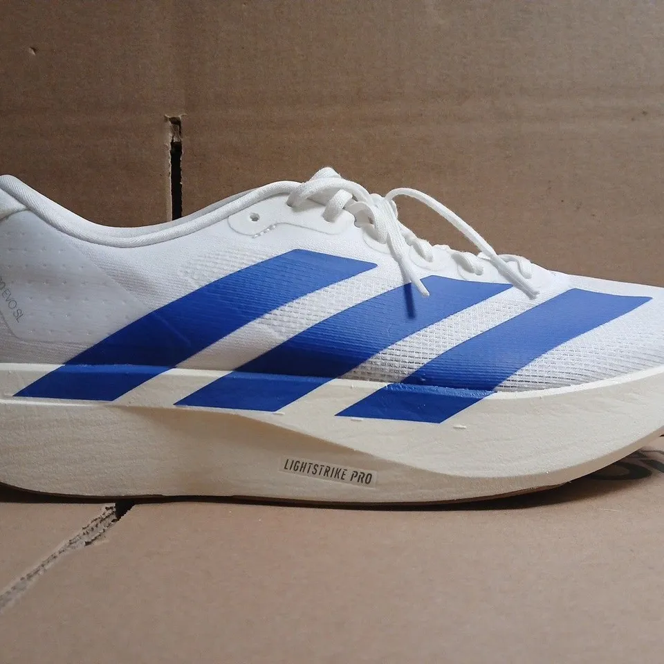 PAIR OF ADIDAS ADIZERO EVO SL TRAINERS IN WHITE/BLUE SIZE UK 10.5