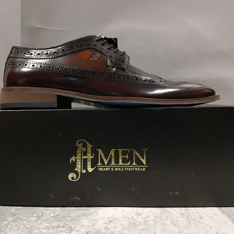 BOXED PAIR OF AMEN LEATHER BRUSHED HI-SHINE BROGUE SHOES IN OXBLOOD SIZE UK 9