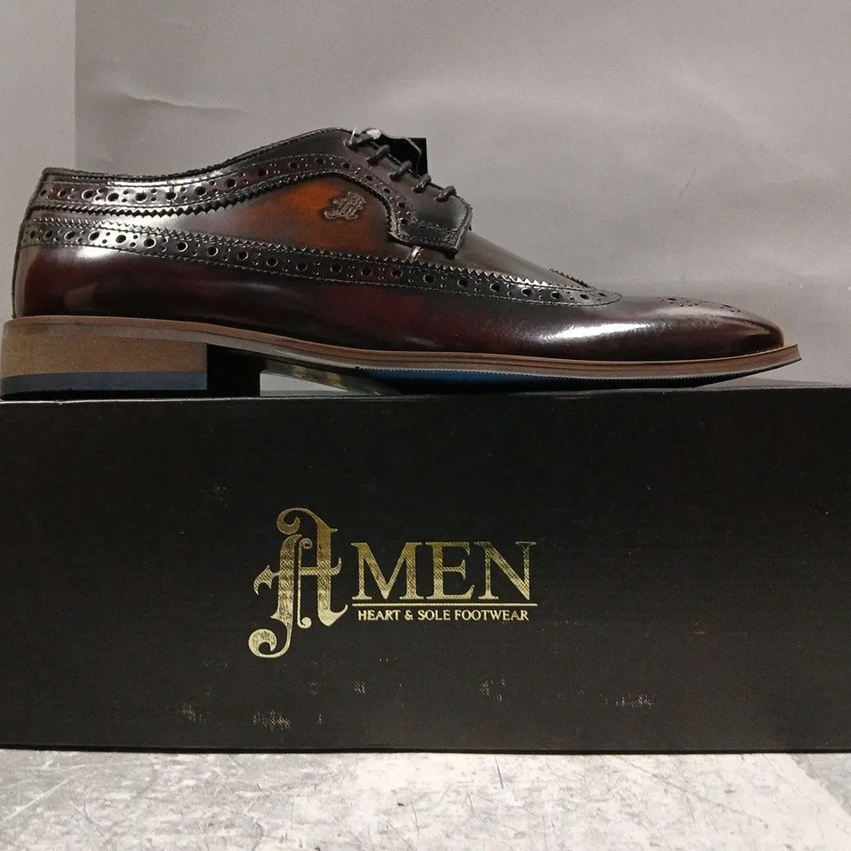BOXED PAIR OF AMEN LEATHER BRUSHED HI-SHINE BROGUE SHOES IN OXBLOOD SIZE UK 9
