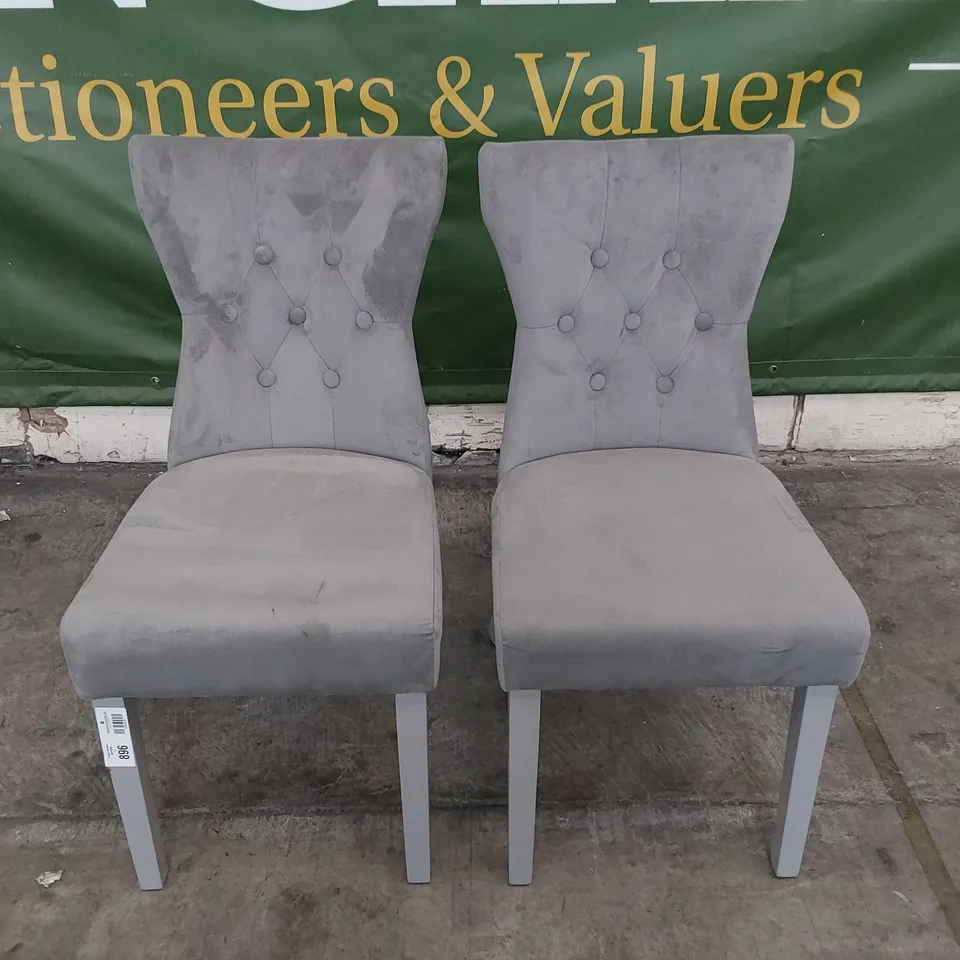 PAIR OF UPHOLSTERED BUTTONED BACK DINING CHAIRS GREY PLUSH FABRIC ON GREY PAINTED LEGS 