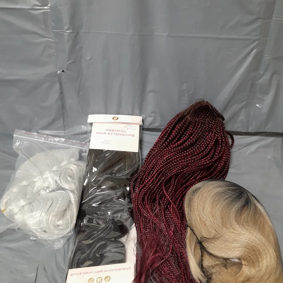 APPROXIMATELY 15 ASSORTED WIGS AND HAIR PIECES VARIOUS COLOURS AND STYLES 