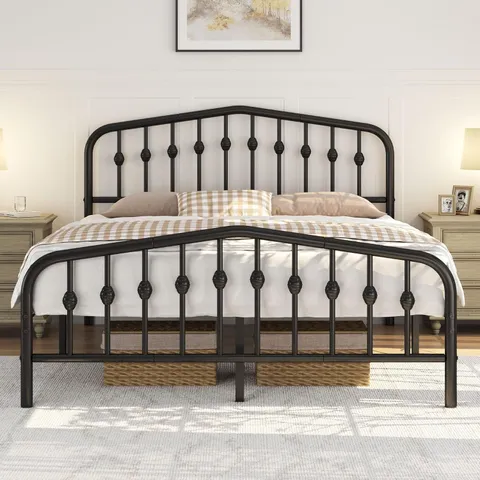 BOXED YAHEETECH 5FT KING BED FRAMES SLATTED METAL BED WITH CROWN-INSPIRED DESIGN HEADBOARD - BLACK (1 BOX)