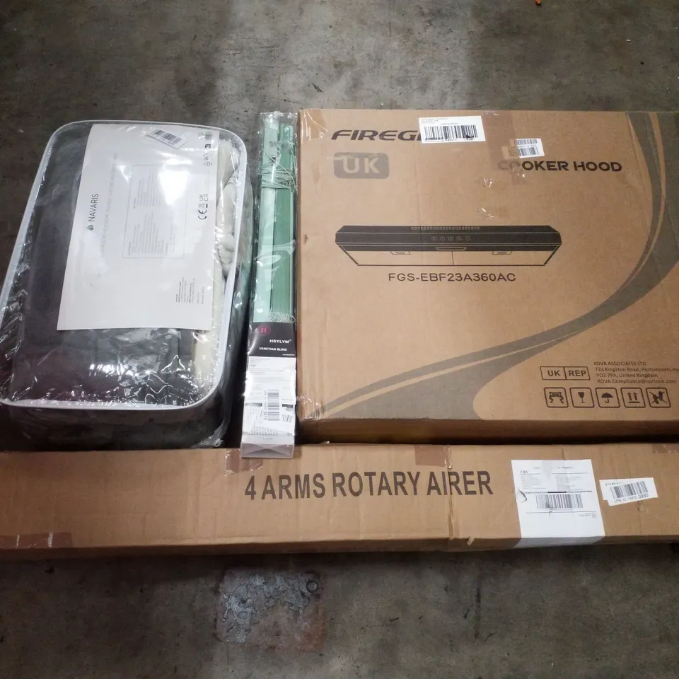 PALLET CONTAINING ASSORTED PRODUCTS INCLUDING COOKER HOOD, 4 ARMS ROTARY AIRER, VENETIAN BLIND & ELECTRIC HEATING BLANKET