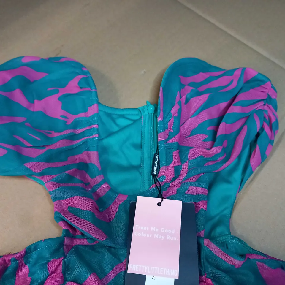 PRETTYLITTLETHING MULTI ZEBRA PRINT EXTEME V BAR CUT OUT BODYCON DRESS - SIZE 12