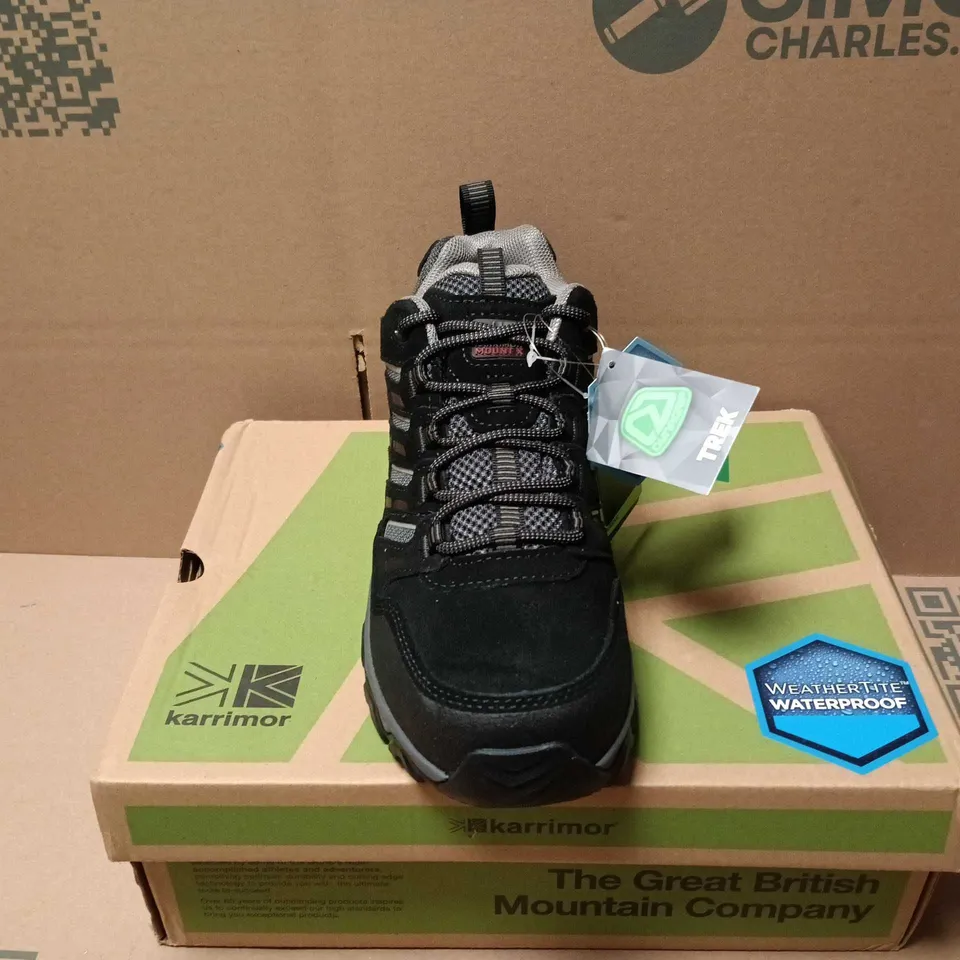 BOXED PAIR OF KARRIMOR MOUNT LOW WEATHERTITE BOOTS IN BLACK - UK 8