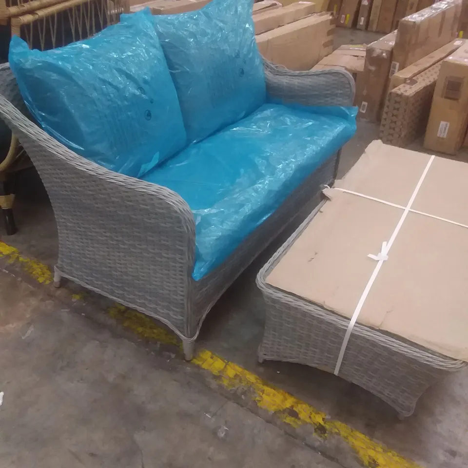 GREY RATTAN EFFECT 2 SEATER GARDEN CHAIR AND TABLE WITH CUSHIONS 