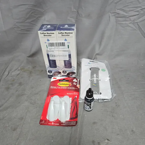 APPROXIMATELY 15 ASSORTED HOUSEHOLD ITEMS TO INCLUDE SAFETY WRIST LINK, MODEL PAINT, MEDIUM HOOKS, COFFEE MACHINE DESCALER ETC