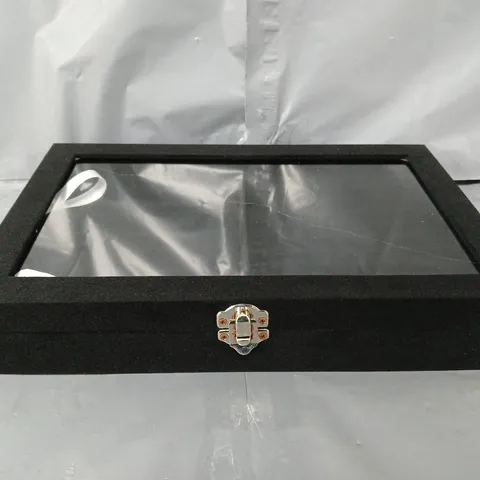 BOXED PORTABLE VELVET RING BOX WITH GLASS WINDOW (HALF BIG & SMALL RING ROWS) (SIZE - 29X18X4 CM) - BLACK