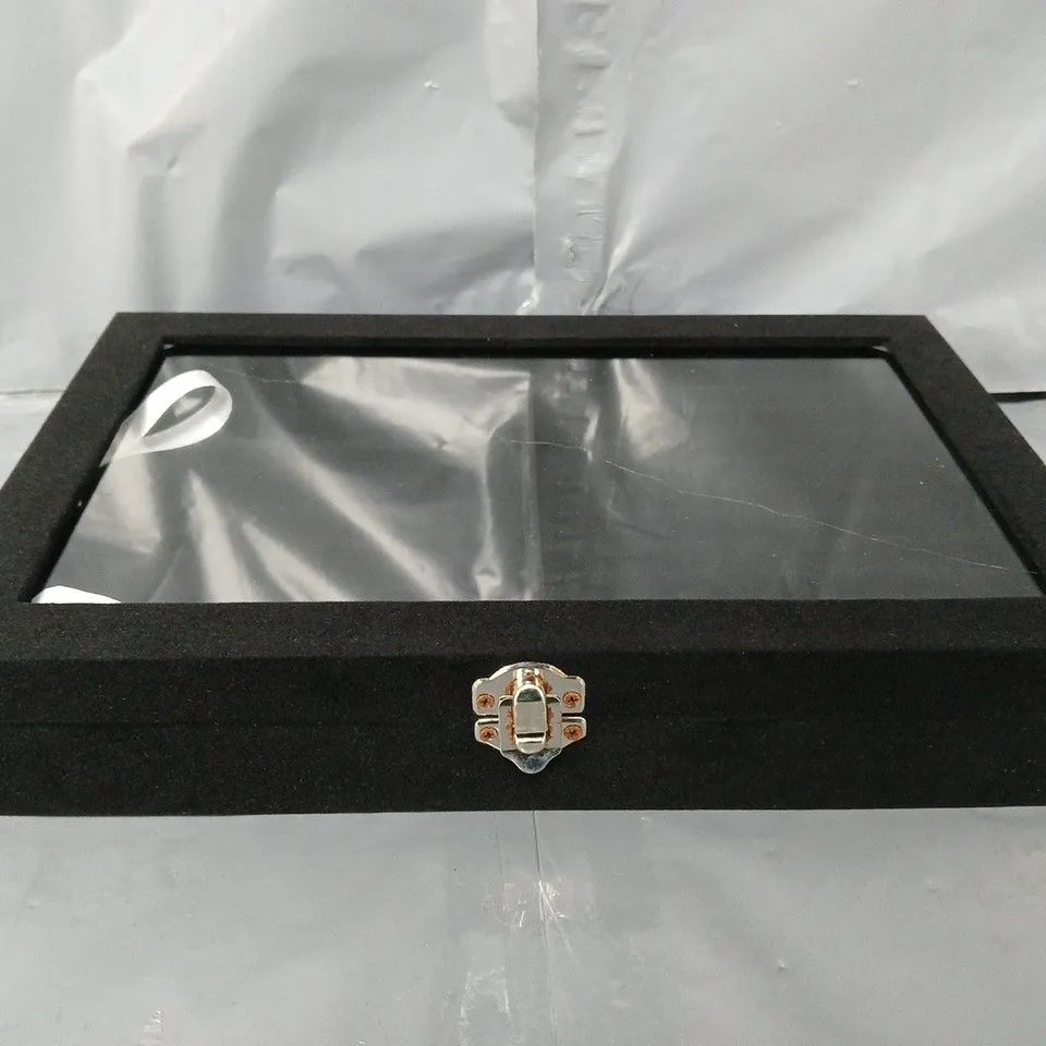 BOXED PORTABLE VELVET RING BOX WITH GLASS WINDOW (HALF BIG & SMALL RING ROWS) (SIZE - 29X18X4 CM) - BLACK