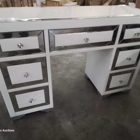 DESIGNER WHITE GLASS & MIRRORED PEDESTAL DRESSING TABLE 
