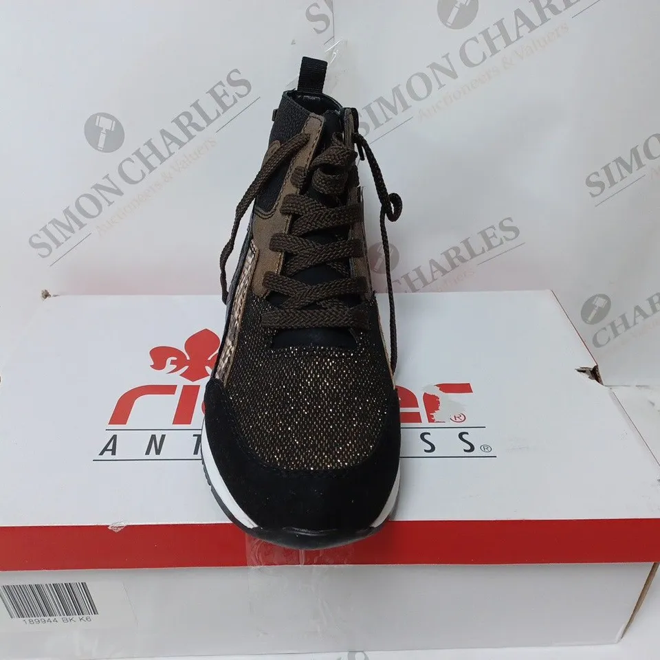 BOXED PAIR OF RIEKER HIGH TOP MIX MATERIAL TRAINER BOOTS IN BLACK UK SIZE 6