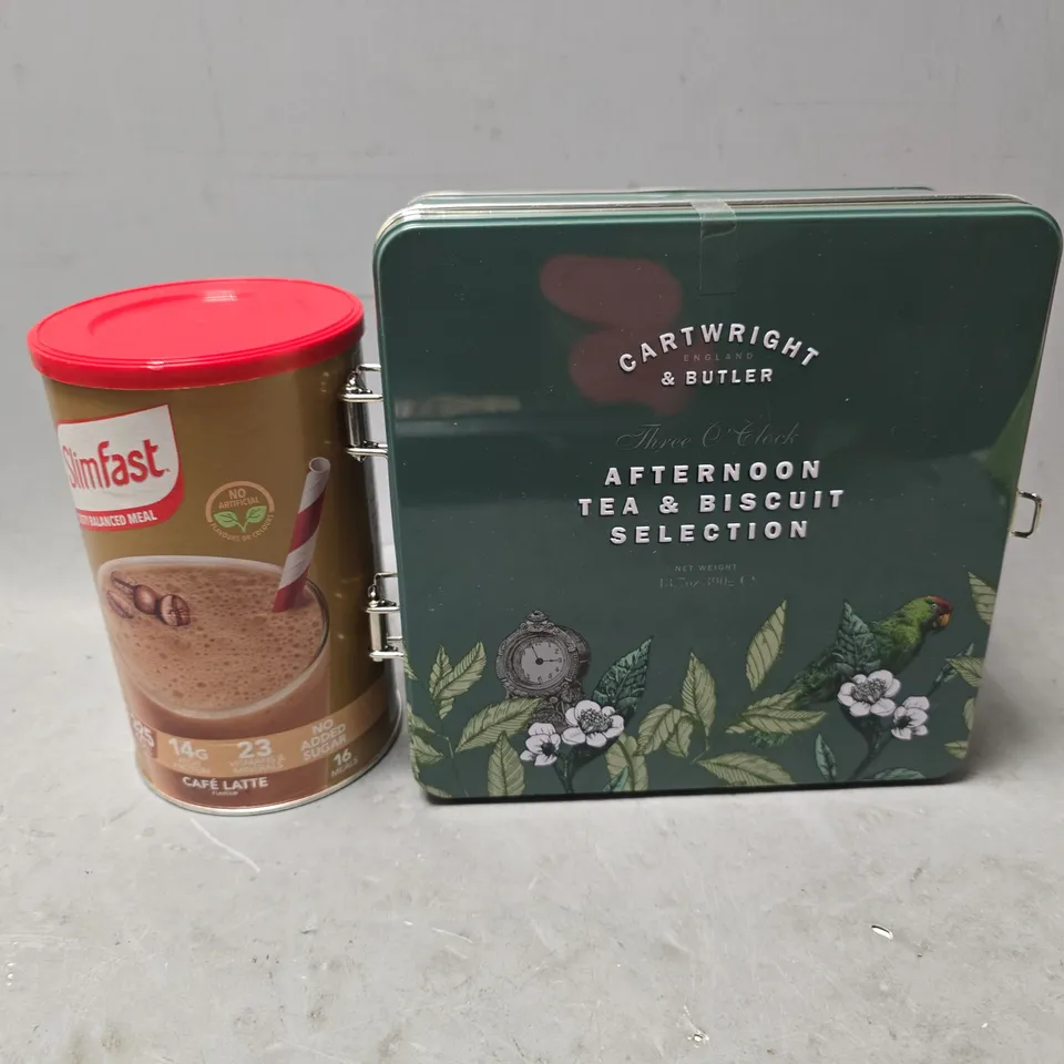 APPROXIMATELY 5 ASSORTED FOOD & DRINK ITEMS TO INCLUDE - SLIMFAST CAFE LATTE , CARTWRIGHT & BUTLER AFTERNOON TEA BISCUIT SELECTION 