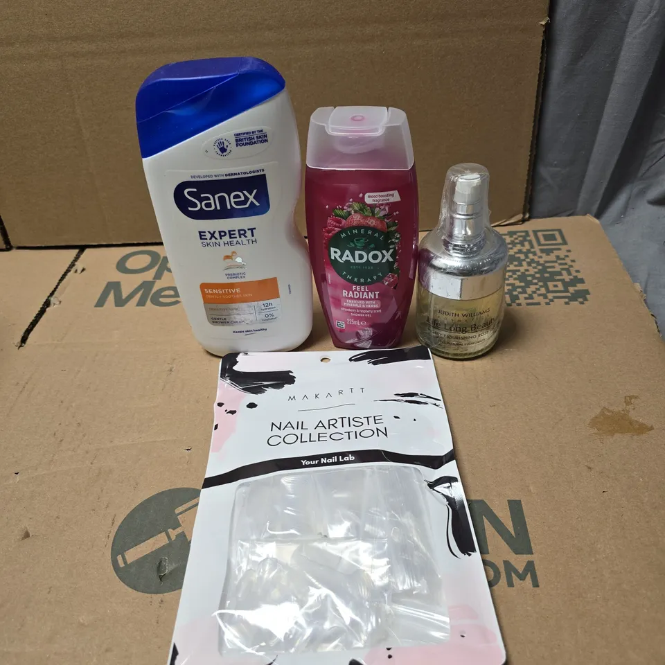 TOTE OF APPROXIMATELY 20 ASSORTED COSMETIC ITEMS TO INCLUDE SANEX SHOWER CREAM, RADOX, JUDITH WILLIAMS ROSE OIL, NAIL ARTISTE COLLECTION ETC