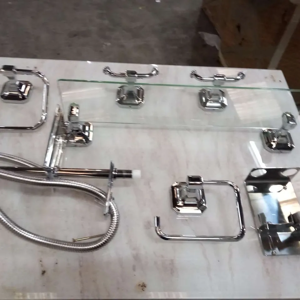SHOWER SET CONSISTING OF; MIRA ESCAPE 9.8 SHOWER, SOAP HOLDER, TOWEL RAIL, COAT HOOK AND GLASS SHELF AND SHATAFF