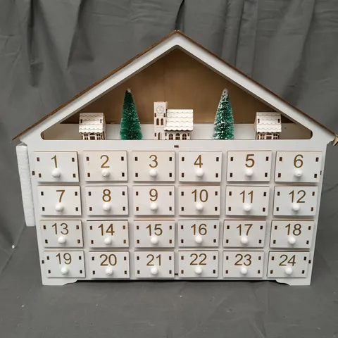 BOXED UNBRANDED PRE-LIT WOODEN VILLAGE SCENE ADVENT CALENDAR IN WHITE