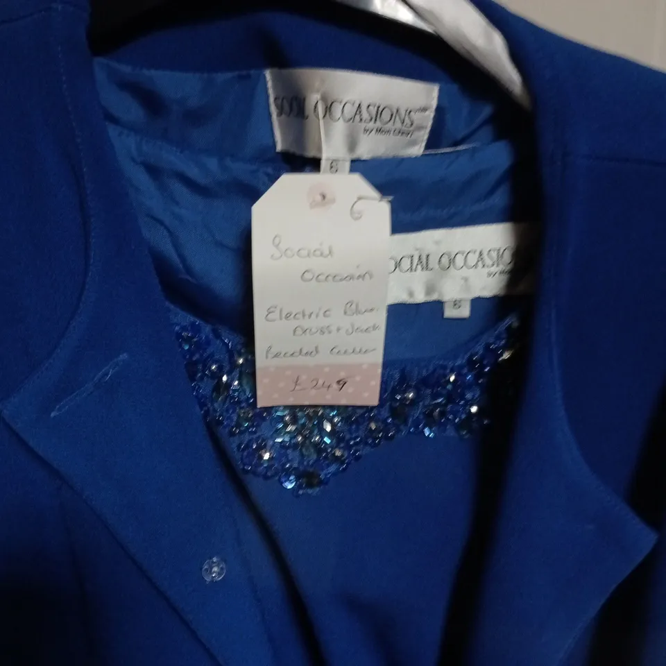 SOCIAL OCCASIONS ELECTRIC BLUE DRESS AND JACKET BEADED COLLAR SIZE 6