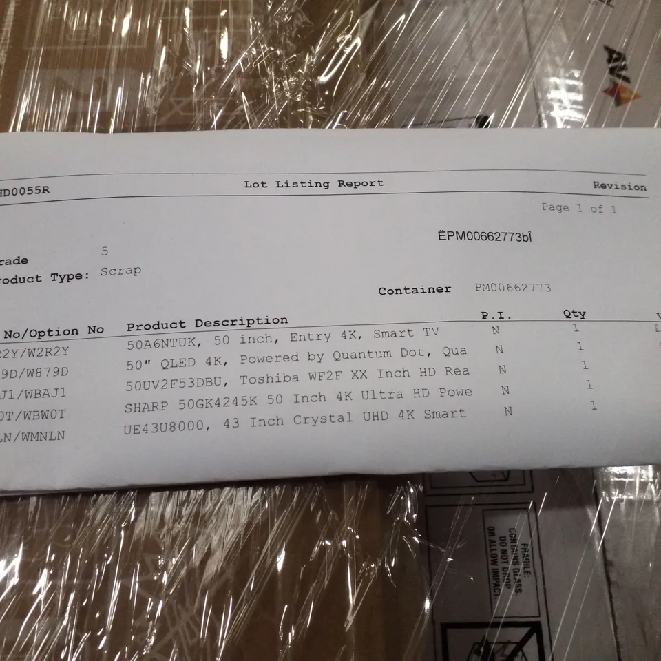 PALLET OF 5 ASSORTED DAMAGED TVS INCLUDING