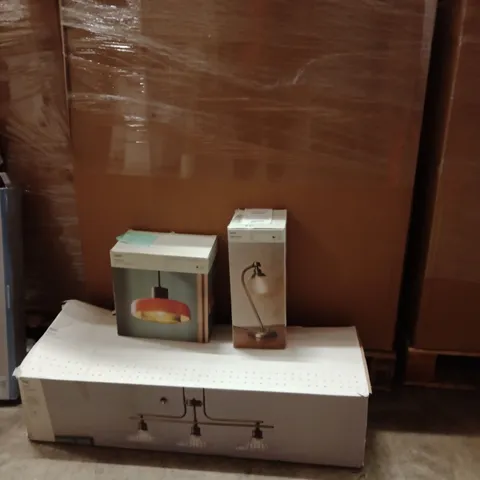 PALLET OF ASSORTED DESIGNER LIGHTING PRODUCTS TO INCLUDE;COLT BAR CEILING LIGHT,AMESBURY TABLE LAMP,FLOYD EASY FIT PENDANT