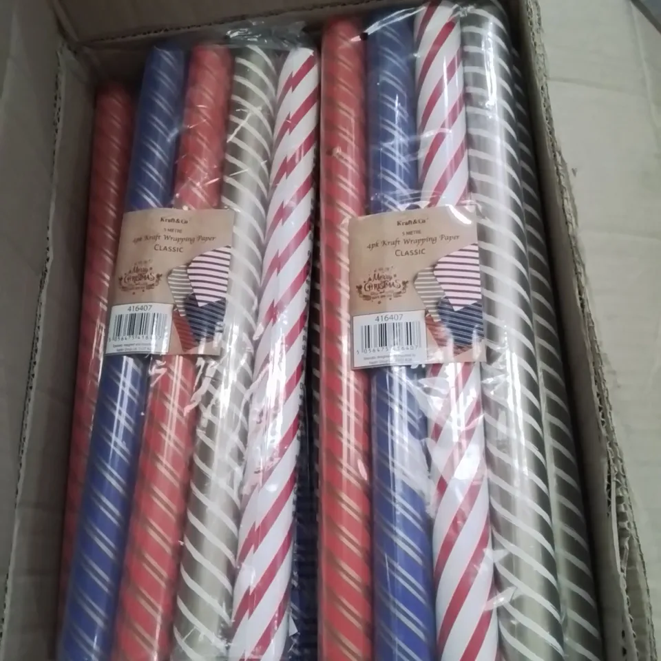 BOX CONTAINING APPROXIMATELY 16 PACKS OF 4 KRAFT WRAPPING PAPER ROLLS