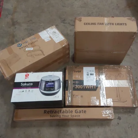 PALLET OF ASSORTED HOUSEHOLD GOODS AND PRODUCTS TO INCLUDE; RICE COOKER, RETRACTABLE GATES, TV STAND, SWING CORNER ETC