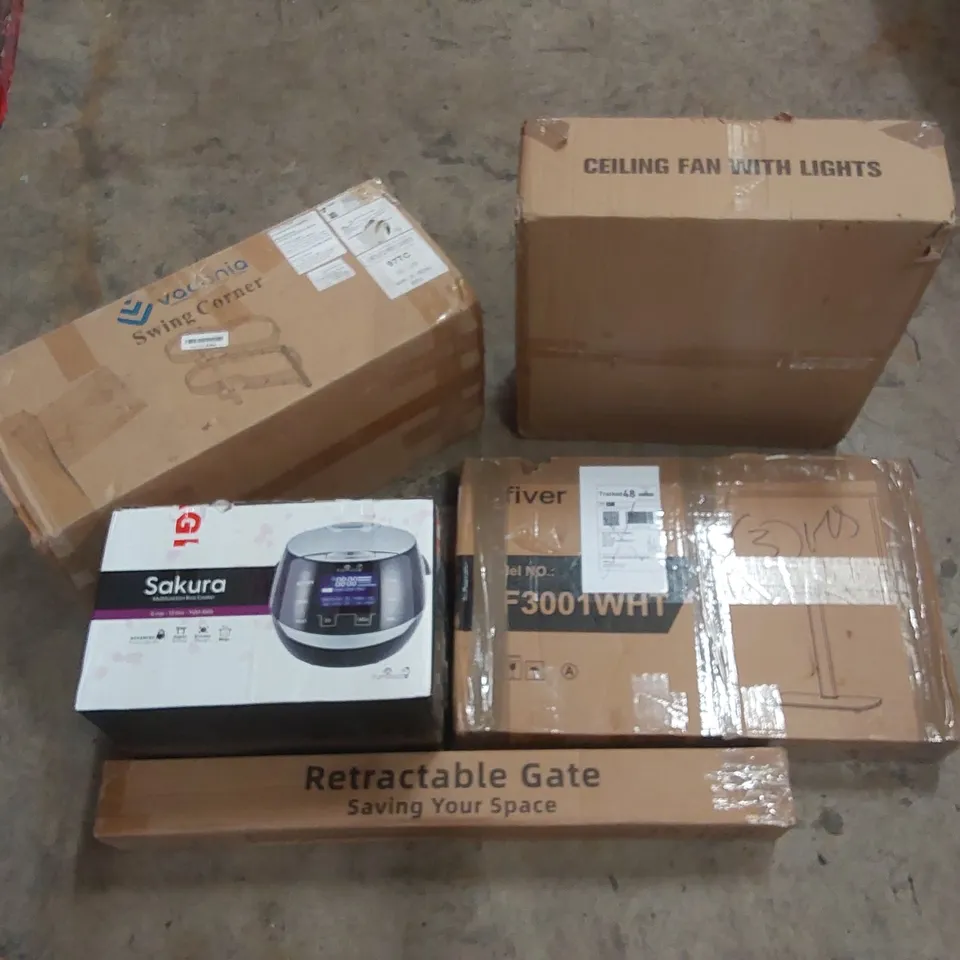 PALLET OF ASSORTED HOUSEHOLD GOODS AND PRODUCTS TO INCLUDE; RICE COOKER, RETRACTABLE GATES, TV STAND, SWING CORNER ETC