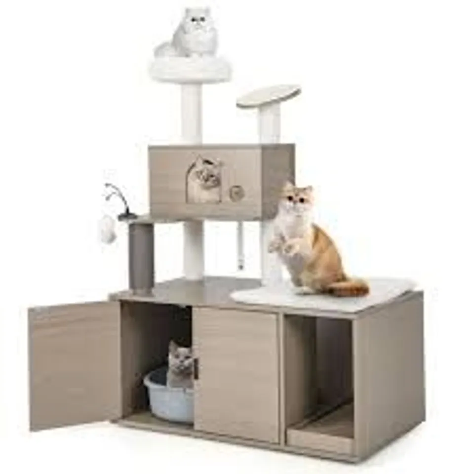 BOXED COSTWAY GREY CAT TREE WITH LITTER BOX ENCLOSURE 132CM