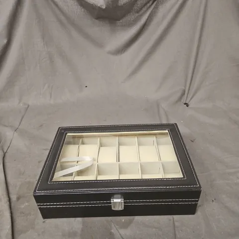 WATCH STORAGE/DISPLAY BOX, BLACK FAUX LEATHER WITH GLASS LID, 12 COMPARTMENTS – LD-1022