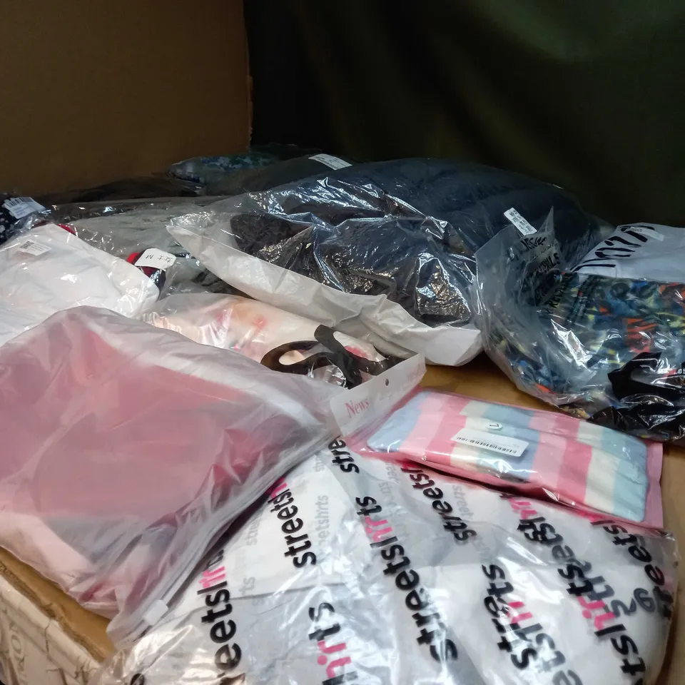 LOT OF APPROX 25 ASSORTED CLOTHING ITEMS VARYING IN SIZE/COLOUR/STYLE TO INCLUDE: TROUSERS, TOPS, DRESSES