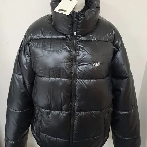 PULL AND BEAR STUD GLOSS BLACK PUFFER COAT - UK L