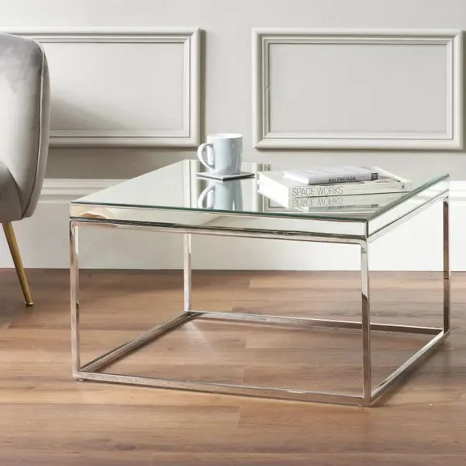 BOXED ELYSEE MIRRORED GLASS AND SILVER METAL SQUARE COFFEE TABLE (1 BOX)