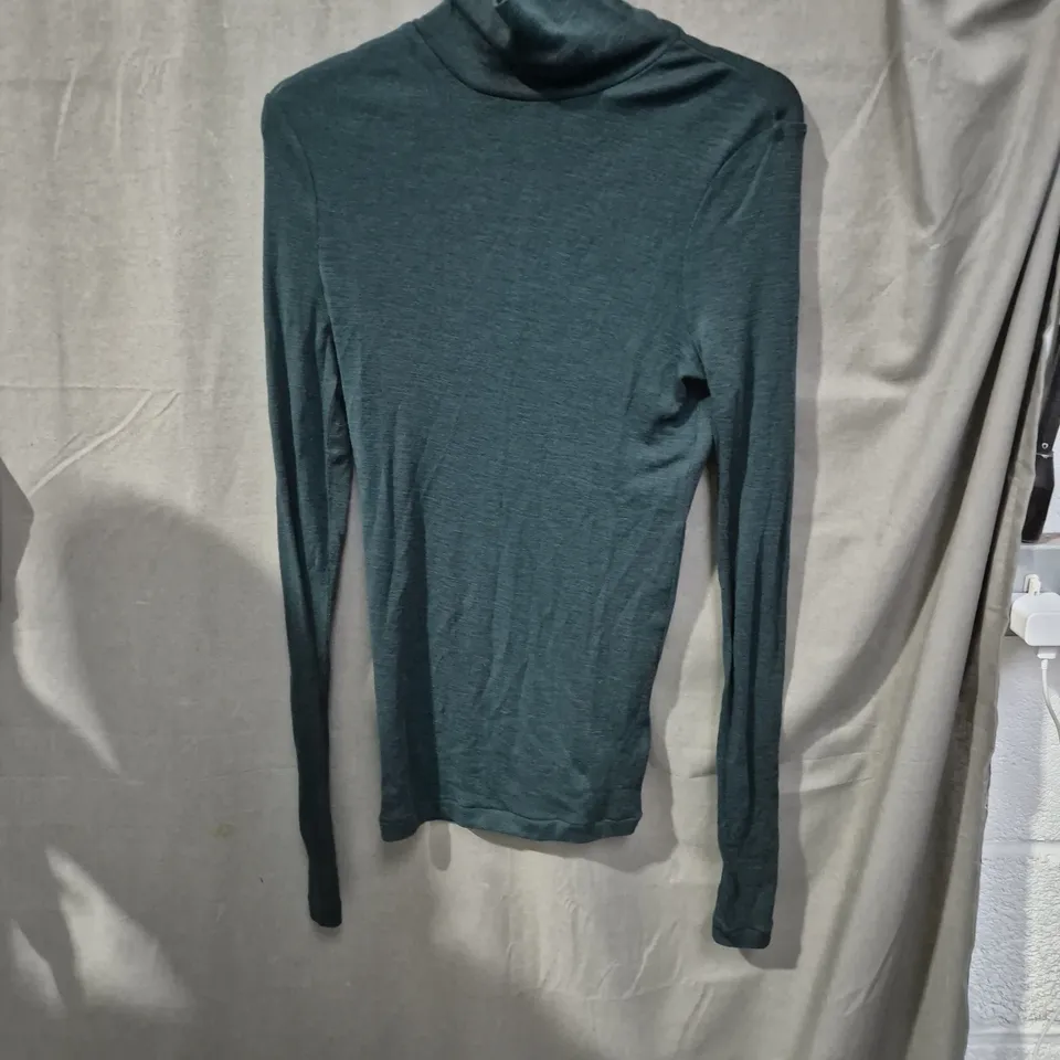 WOOL JERSEY POLO NECK TOP – GREEN, SIZE SMALL